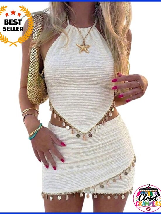 Tops - Sequin Trim Halter Vest Top & Mini Skirt Two Piece Set